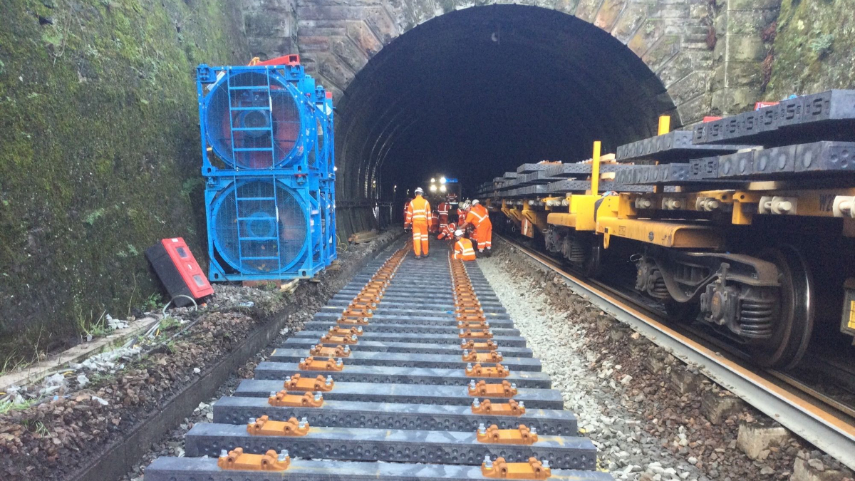 Recycled plastic sleepers laid in historic Perthshire railway tunnel Recycled plastic sleepers laid in historic Perthshire railway tunnel