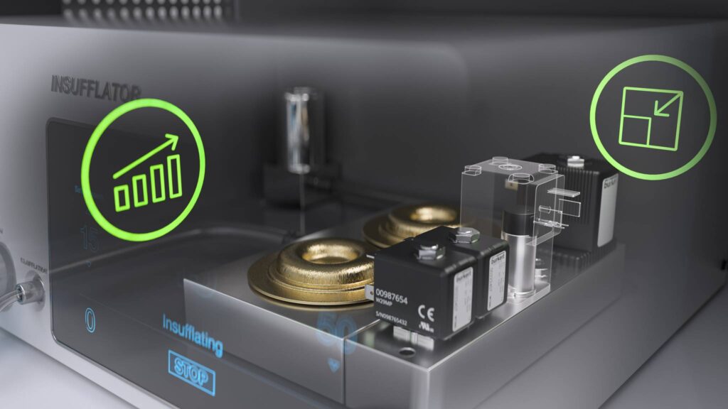 Proportional valve with pressure compensation achieves compact footprint for medical and analytical devices